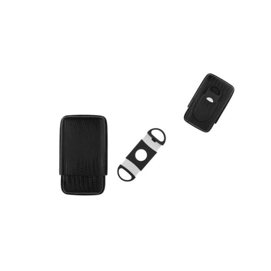 Szivartok 3 szál szivar részére, szivar vágóval - fekete, műbőr