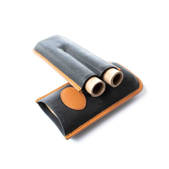 Elegáns Padonio szivar tok - 2 szivar részére, szürke bőr, barna szegéllyel, Corona