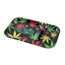 Rolling tray , fekete, színes kenderlevél "420"