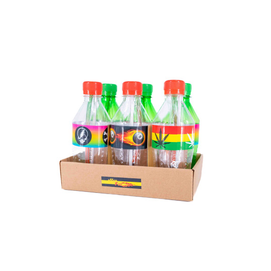 Kisméretű műanyag üdítős palacknak álcázott bong - 2 féle színben, több féle mintával