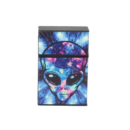 Fekete színű műanyag cigaretta tárca 20 szál cigarettának - Kék és lila színű ufófej mintával