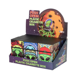 Fekete színű műanyag cigaretta tárca ufófej mintákkal 20 szál cigarettának - Egész tálcás kivitel