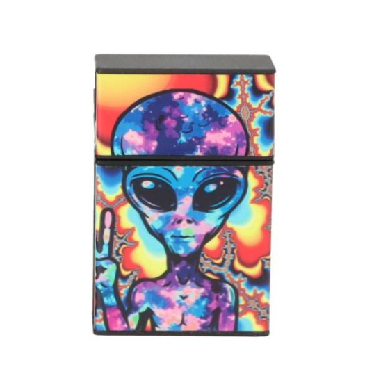 Műanyag cigaretta tárca 20 szál cigarettának - Kék és lila színű ufó mintával színes háttérrel