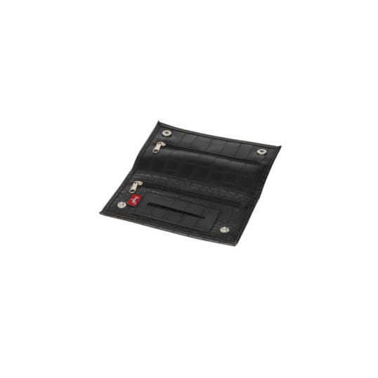 Angelo finomvágású dohánytartó tárca fekete, kívül patentkapcsokkal, műanyag béléssel, 3 cipzárral