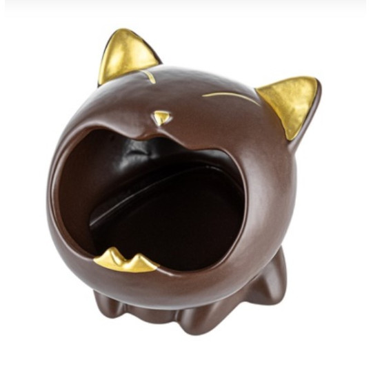 Angelo márkájú, kerámia hamutartó -  barna macska, nyitott szájú, arany színű fülekkel, orral és szájjal