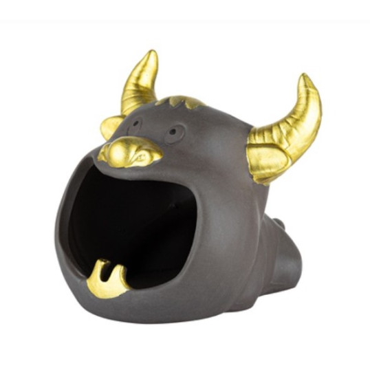 Angelo márkájú, kerámia hamutartó -  barna bika alakú, nyitott szájú, arany színű fülekkel, orral, szarvakkal és szájjal