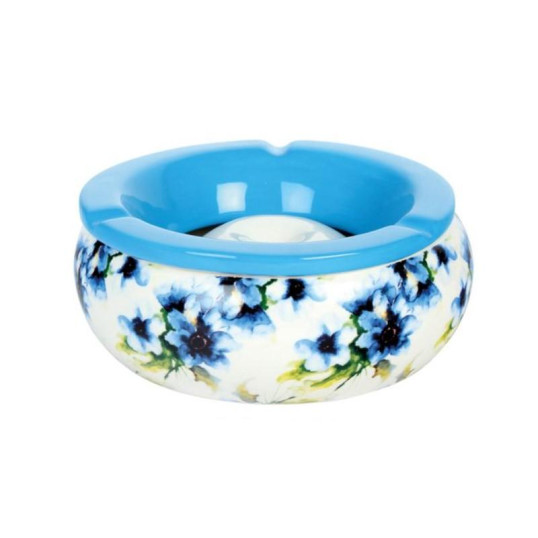 Nagyméretű kerámia hamutartó virágmintás - sötétkék