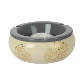 Nagyméretű kerámia hamutartó könnyezőpálma levél mintával - tört fehér, szürke perem