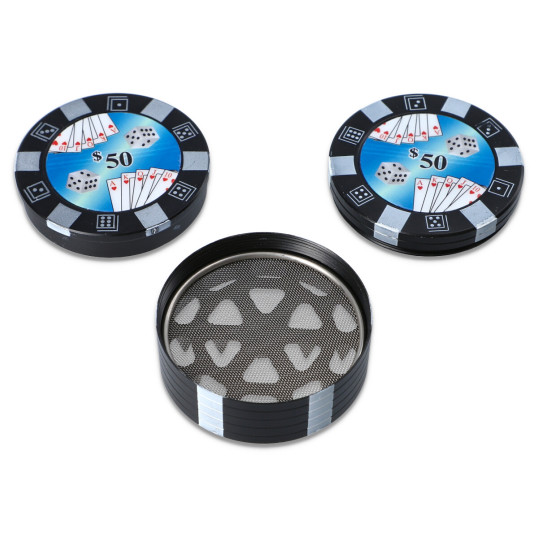 3 részes fém dohányőrlő - póker zseton mintás  - fekete színű