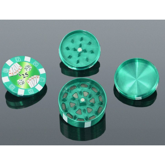 3 részes fém dohányőrlő - póker zseton mintás  - zöld színű