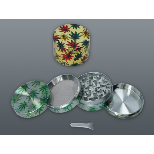 4 részes fém zöld marihuna levél mintás dohányőrlő - króm színű 
