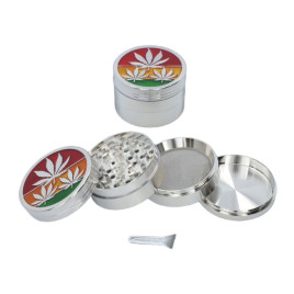 Rasta mintás 4 részes fém dohányőrlő – ezüst, 5 cm