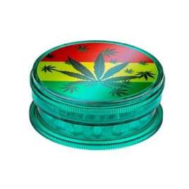 Super Heroes Grinder 2 részes műanyag dohányőrlő – sötétzöld színben, kenderlevél mintával, Ø 6 cm