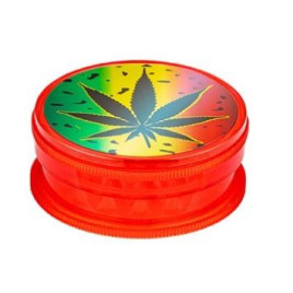 Super Heroes Grinder 2 részes műanyag dohányőrlő – piros színben, kenderlevél mintával, Ø 6 cm