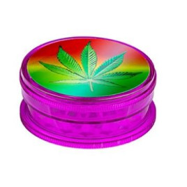 Super Heroes Grinder 2 részes műanyag dohányőrlő – lila színben, kenderlevél mintával, Ø 6 cm