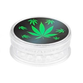 Super Heroes 2 részes műanyag dohányőrlő – átlátszó színben, kenderlevél mintával, Ø 6 cm