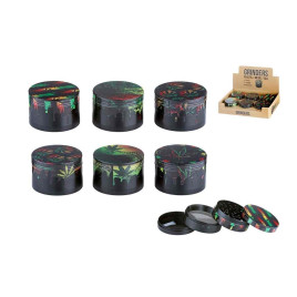 Super Heroes 4 részes fém dohányőrlő - fekete alapon színes canabis mintás