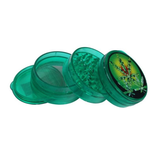 Műanyag dohányőrlő 5 részes marihuána levél mintákkal - Piros színű