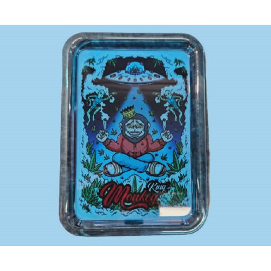 Monkey King Rolling Tray kék műanyag sodró tálca – meditáló majom UFO mintával