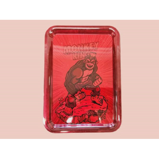 Monkey King Rolling Tray piros sodró tálca – átlátszó műanyag, izmos, szuperhős stílusú majom motívummal