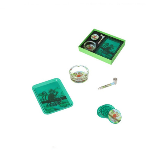 Monkey King készlet – Dohányörlő + Fémpipa + Hamutartó + Rolling Tray - zöld