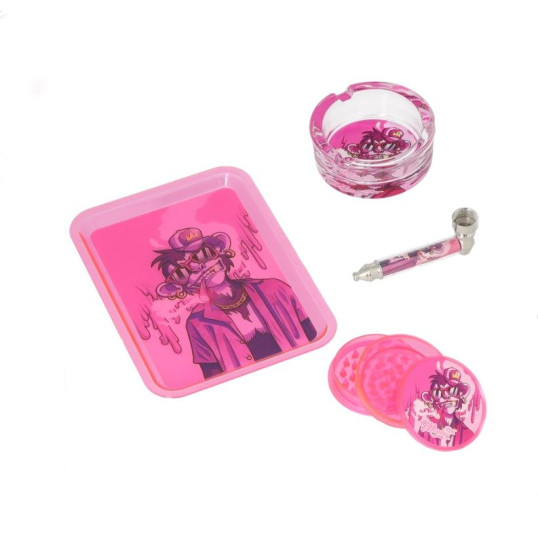 Monkey King készlet – Dohányörlő + Fémpipa + Hamutartó + Rolling Tray - rózsaszín