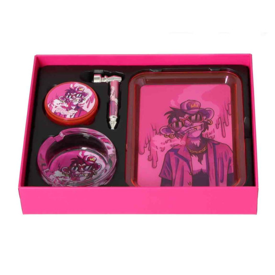 Monkey King készlet – Dohányörlő + Fémpipa + Hamutartó + Rolling Tray - rózsaszín