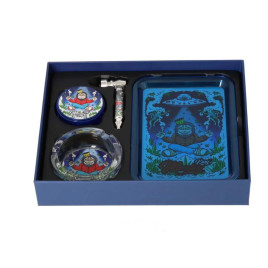 Monkey King készlet – Dohányörlő + Fémpipa + Hamutartó + Rolling Tray - kék