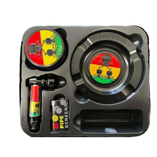 Super Heroes raszta színű koponya mintás 6 részes ajándék szett darálóval, pipával és tálcával, fekete műbőr díszdobozban