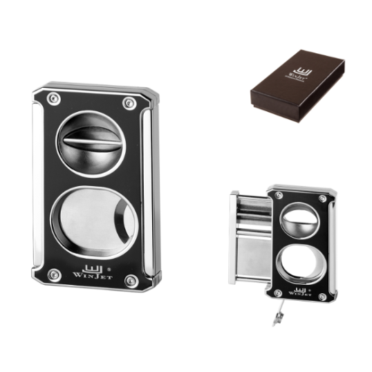 Winjet dupla pengés szivar ékvágó, alján kihajtható szivarfúróval - fekete és króm színben