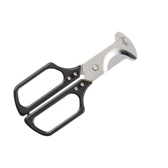 Angelo márkájú, króm színű szivarvágó olló, fekete műanyag burkolattal a szárain