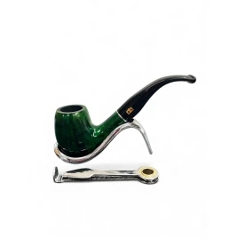 Design Berlin hanga gyökérből készült, sötétzöld, polírozott, fekete hajlított akril szopókával, ezüst színű gyűrűvel, 9mm filter, billiard típus