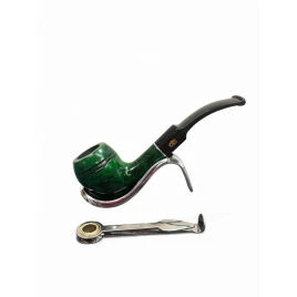 Design Berlin hanga gyökérből készült, sötétzöld, polírozott, fekete, nyerges hajlított akril szopókával, ezüst színű gyűrűvel, 9mm filter, Rhodesian típus