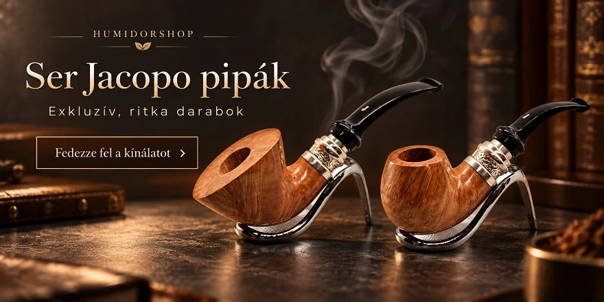 Exkluzív Ser Jacopo olasz briarpipák természetes famintázattal, valódi ezüst díszgyűrűkkel és hajlított fekete szopókával, elegáns prémium környezetben.