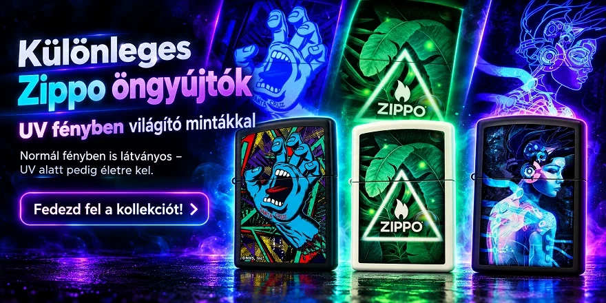 Zippo UV-fényben világító benzines öngyújtók – Santa Cruz Screaming Hand, Nature Design és Cyber Woman különleges, neonhatású grafikával.