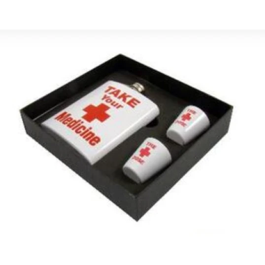 Rozsdamentes fehér flaska Take your Medicine, felirattal és vörös kereszttel, 2 pohárral - 6 oz. = 1.77dl - Nemzeti Dohányboltok és szivar szaküzletek számára