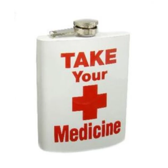 Rozsdamentes fehér flaska "Take your Medicine", felirattal és vörös kereszttel, 2 pohárral - 6 oz. = 1.77dl