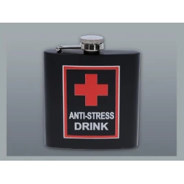 Matt fekete színű rozsdamentes acél flaska, laposüveg 6 oz. = 1.77 dl - Anti Stress Drink felirattal