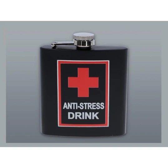Rozsdamentes acél laposüveg – matt fekete, Anti Stress Drink mintával, 6 oz (177 ml) - Flaskák – praktikus úti eszközök