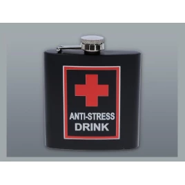 Matt fekete színű rozsdamentes acél flaska, laposüveg 6 oz. = 1.77 dl - Anti Stress Drink felirattal