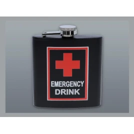 Matt fekete színű rozsdamentes acél flaska, laposüveg 6 oz. = 1.77 dl - Emergency Drink felirattal