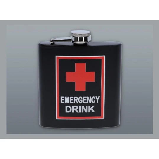 Matt fekete színű rozsdamentes acél flaska, laposüveg 6 oz. = 1.77 dl - Emergency Drink felirattal - Nemzeti Dohányboltok és szivar szaküzletek számára