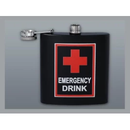 Matt fekete színű rozsdamentes acél flaska, laposüveg 6 oz. = 1.77 dl - Emergency Drink felirattal