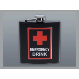 Matt fekete színű rozsdamentes acél flaska, laposüveg 6 oz. = 1.77 dl - Emergency Drink felirattal