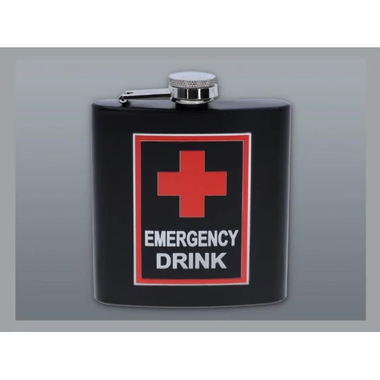 Matt fekete színű rozsdamentes acél flaska, laposüveg 6 oz. = 1.77 dl - Emergency Drink felirattal