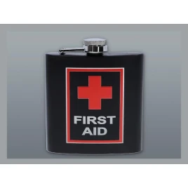 Matt fekete színű rozsdamentes acél flaska, laposüveg 6 oz. = 1.77 dl - First Aid felirattal