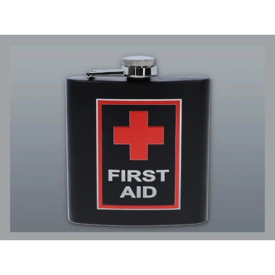 Rozsdamentes acél laposüveg – matt fekete, First Aid mintával, 6 oz (177 ml) - Flaskák – praktikus úti eszközök