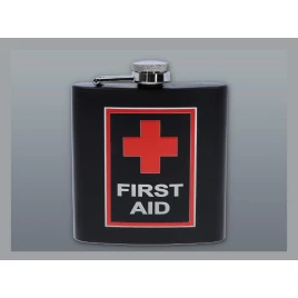 Matt fekete színű rozsdamentes acél flaska, laposüveg 6 oz. = 1.77 dl - First Aid felirattal