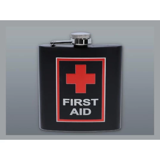 Matt fekete színű rozsdamentes acél flaska, laposüveg 6 oz. = 1.77 dl - First Aid felirattal