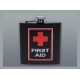 Matt fekete színű rozsdamentes acél flaska, laposüveg 6 oz. = 1.77 dl - First Aid felirattal